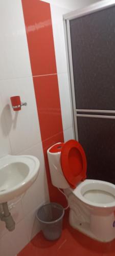 a bathroom with a toilet and a sink at HOSTAL LOS ÁNGELES VILLAVIEJA in Villavieja