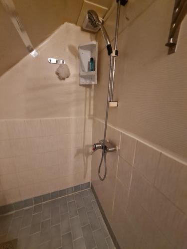 een douche in een badkamer met een douchekop bij Lonely Planet Turku 2 in Turku