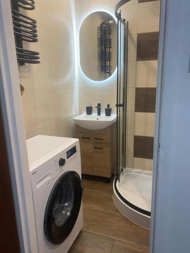 a bathroom with a washing machine and a sink at Wilcza Ostoja Bieszczady in Ustrzyki Dolne