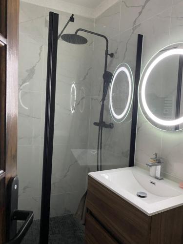La salle de bains est pourvue d'une douche et d'un lavabo. dans l'établissement Cosy T2 in Neuilly sur Seine metro 1, à Neuilly-sur-Seine