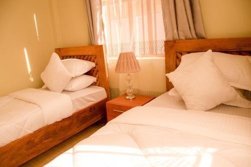 a bedroom with two beds and a lamp and a window at Hecasa Homestay in Arusha