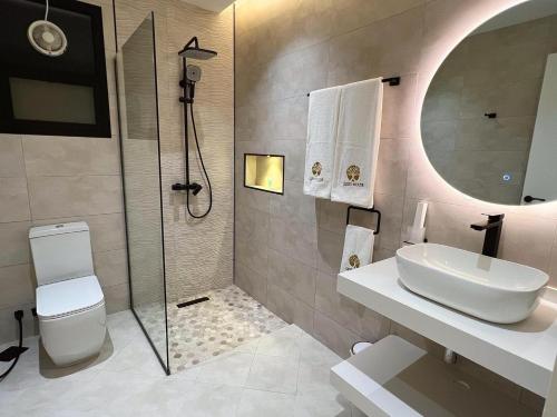 La salle de bains est pourvue de toilettes, d'un lavabo et d'une douche. dans l'établissement Quiet House villa, à Hatta