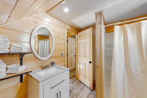 uma casa de banho com um lavatório e um espelho em Greenville Getaway em Greenville