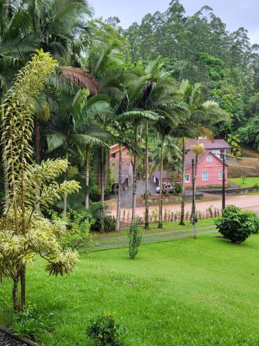 a lush green park with palm trees and a house at Recanto Wunderwald Casa Pomerode in Pomerode