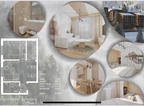 a collage of four images of a living room at Villa Mont in Jahorina