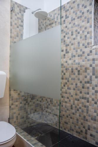 a bathroom with a glass shower with a toilet at Casa da Ti´Lola in Évora