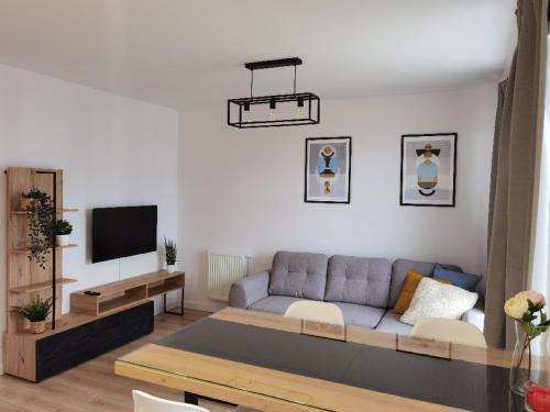 sala de estar con sofá y TV en Apartament AQUA przy Aquaparku w Redzie, en Rumia