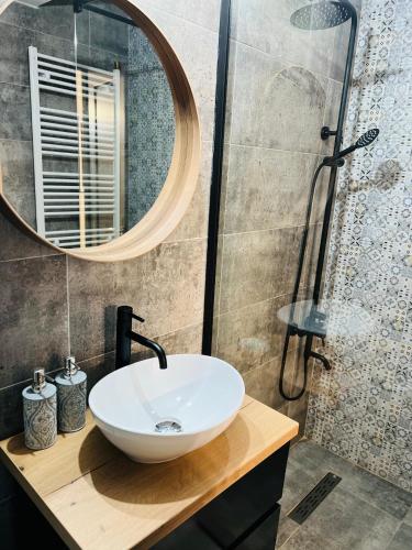 a bathroom with a sink and a mirror at Paris Residence Targu -Jiu in Târgu Jiu