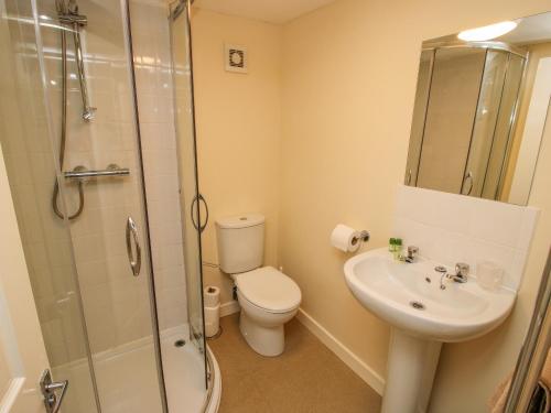 a bathroom with a toilet and a sink and a shower at The Grain Store in Nantwich