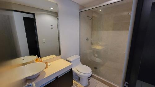 ein Bad mit einer Dusche, einem WC und einem Waschbecken in der Unterkunft Chicago Suites WTC in Mexiko-Stadt