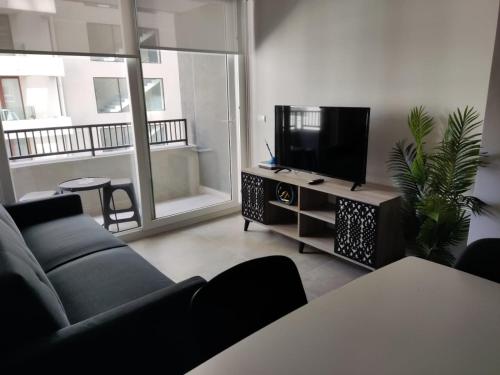 uma sala de estar com um sofá e uma televisão de ecrã plano em Apart Hotel Bauerle & Apartamentos em Temuco
