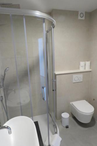 a bathroom with a shower and a toilet at Villa Omazic in Trogir