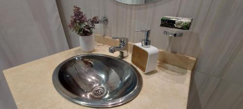 a bathroom sink with a silver bowl on a counter at Refugio Ballenas in Puerto Madryn