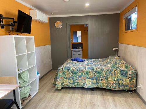 a bedroom with a bed and a television in it at Beachcomber Caravan Park in Mallacoota