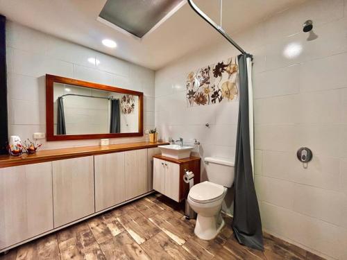 y baño con aseo, lavabo y espejo. en Apartamento Colonial, en Santa Rosa de Cabal