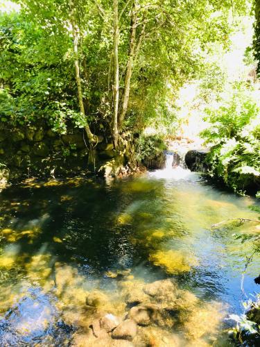 a river with a waterfall and trees in the background at Casa 1883 in Cevide