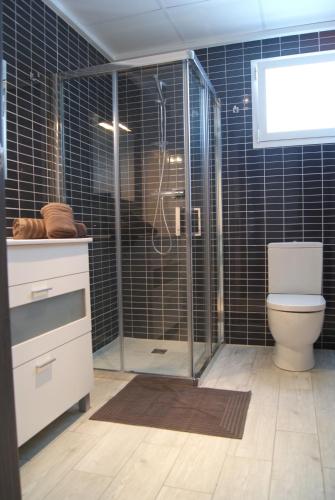 a bathroom with a toilet and a glass shower at Pomera III - BTB in Beniarbeig