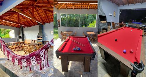 two pictures of a pool table in a house at Pequeno apartamento em chacara próximo às praias com internet in São Francisco do Sul
