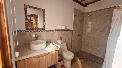 La salle de bains est pourvue de toilettes, d'un lavabo et d'un miroir. dans l'établissement Intiquilla Hotel, à Manta