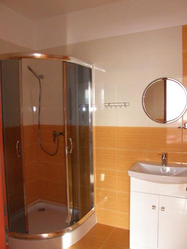 a bathroom with a shower and a sink at Penzion u Petra in Jeseník