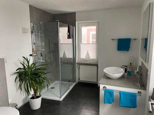 uma casa de banho com uma cabina de duche em vidro e um lavatório. em Haus Herzog em Bad Steben