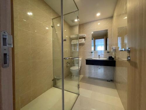 een badkamer met een douche, een toilet en een wastafel bij Amorii Hotel in Phu Quoc