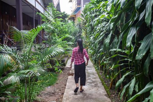 a woman walking down a path in a garden at Lao Long Riverside and Budget Garden Guesthouse in Ban Khon