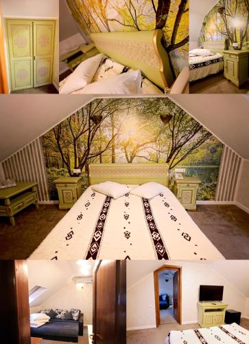 a collage of two pictures of a bedroom at Pensiunea Casa Doamnei Voronet in Gura Humorului
