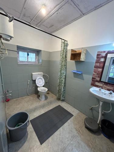 a bathroom with a toilet and a sink at De Huts Kodaikanal in Kodaikānāl