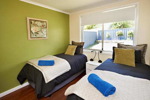 two beds in a room with green walls and a window at Albany Harbourside Apartments And Houses in Albany