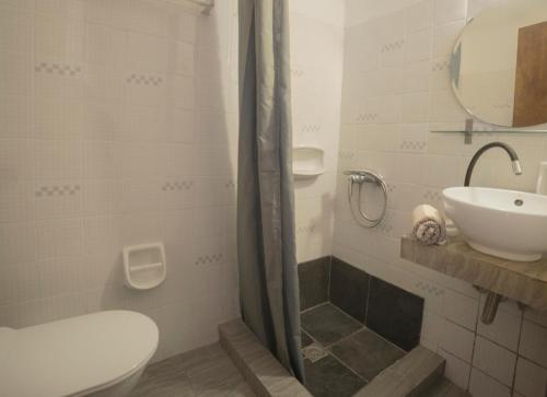 uma casa de banho com um WC e um lavatório em Oinoi Hotel em Agios Kirykos