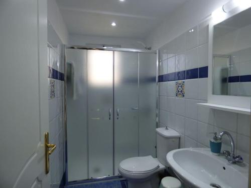 a bathroom with a shower and a toilet and a sink at AGIOS LEON APARTMENT 1 in Agios Leon