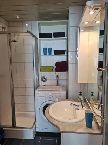 a bathroom with a washing machine and a sink at Apartment Silvretta in Pians