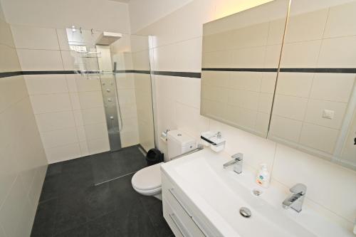 W łazience znajduje się toaleta, umywalka i lustro. w obiekcie Villa Genovese al Lago w mieście Minusio