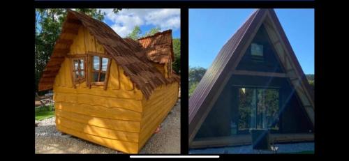 Loray des Bois في Loray: منزل خشبي صغير مع سقف مقامر