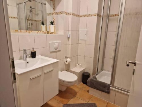 een badkamer met een toilet, een wastafel en een douche bij AKK6 Designpartment nähe Hbf Uni Oper in Maagdenburg