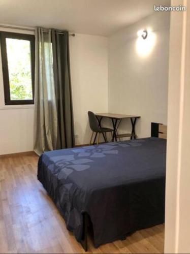 ein Schlafzimmer mit einem Bett und einem Tisch darin in der Unterkunft Apartement 5 rooms 20 mins from the beach in Nizza