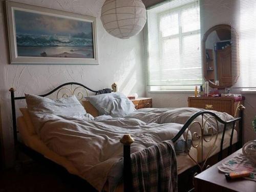 1 dormitorio con 1 cama con una foto en la pared en Spacious Apartment in Lalendorf with Barbecue, en Krassow