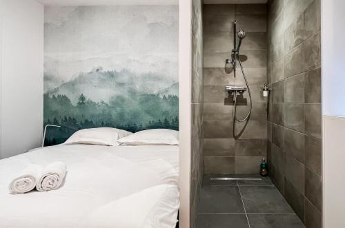 1 dormitorio con ducha y 1 cama con toallas en Rainbow, rue carnot, en Annecy