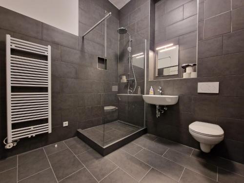 a bathroom with a toilet and a sink and a shower at RAJ Living - 300m2 Loft with 7 Rooms - 15 Min Messe DUS & Old Town DUS in Düsseldorf