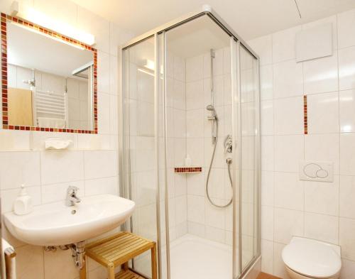 ein Bad mit einer Dusche, einem Waschbecken und einem WC in der Unterkunft Brauereigasthof Engel in Isny im Allgäu