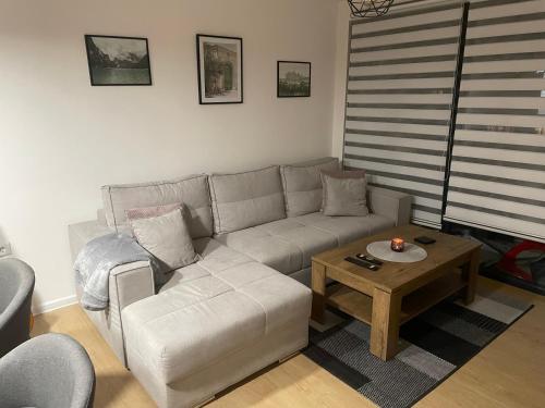ein Wohnzimmer mit einem Sofa und einem Couchtisch in der Unterkunft Apartment My Choice in Sarajevo