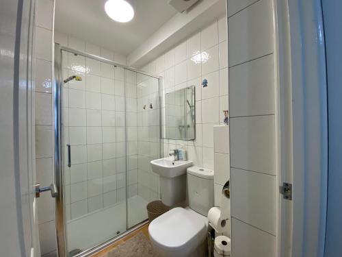 a bathroom with a toilet and a sink and a shower at Nice Living Serviced Accommodations 4 in Coventry