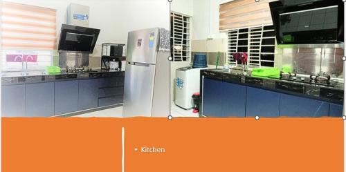 米里的住宿－A&W Homestay, Vista Perdana, Miri，厨房配有白色冰箱和蓝色橱柜