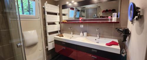 a bathroom with a sink and a mirror at Chambre d'hôtes Casa Lucia in Furiani