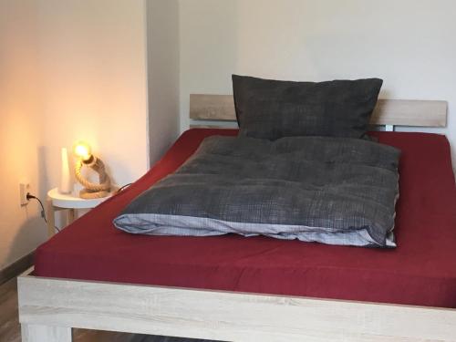 una camera da letto con un letto con una coperta rossa e una lampada di Der graue Salon a Annaberg-Buchholz