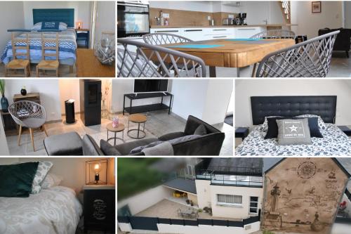 een collage van foto's van een keuken en een woonkamer bij Cap sur le Phare à Moguériec in Sibiril