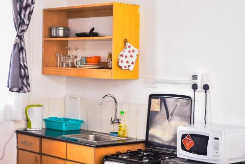 a kitchen with a sink and a microwave on a counter at Lynne’s Cozy studio in Nairobi