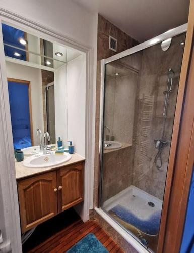 une salle de bain avec douche et lavabo dans l'établissement Studio chic, hyper centre, 4 minutes de la plage, à Cabourg