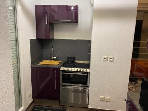 Il comprend une petite cuisine avec une cuisinière et des placards violets. dans l'établissement T2 Little Bohême proche hôpitaux terrasse plein ciel, à Lyon